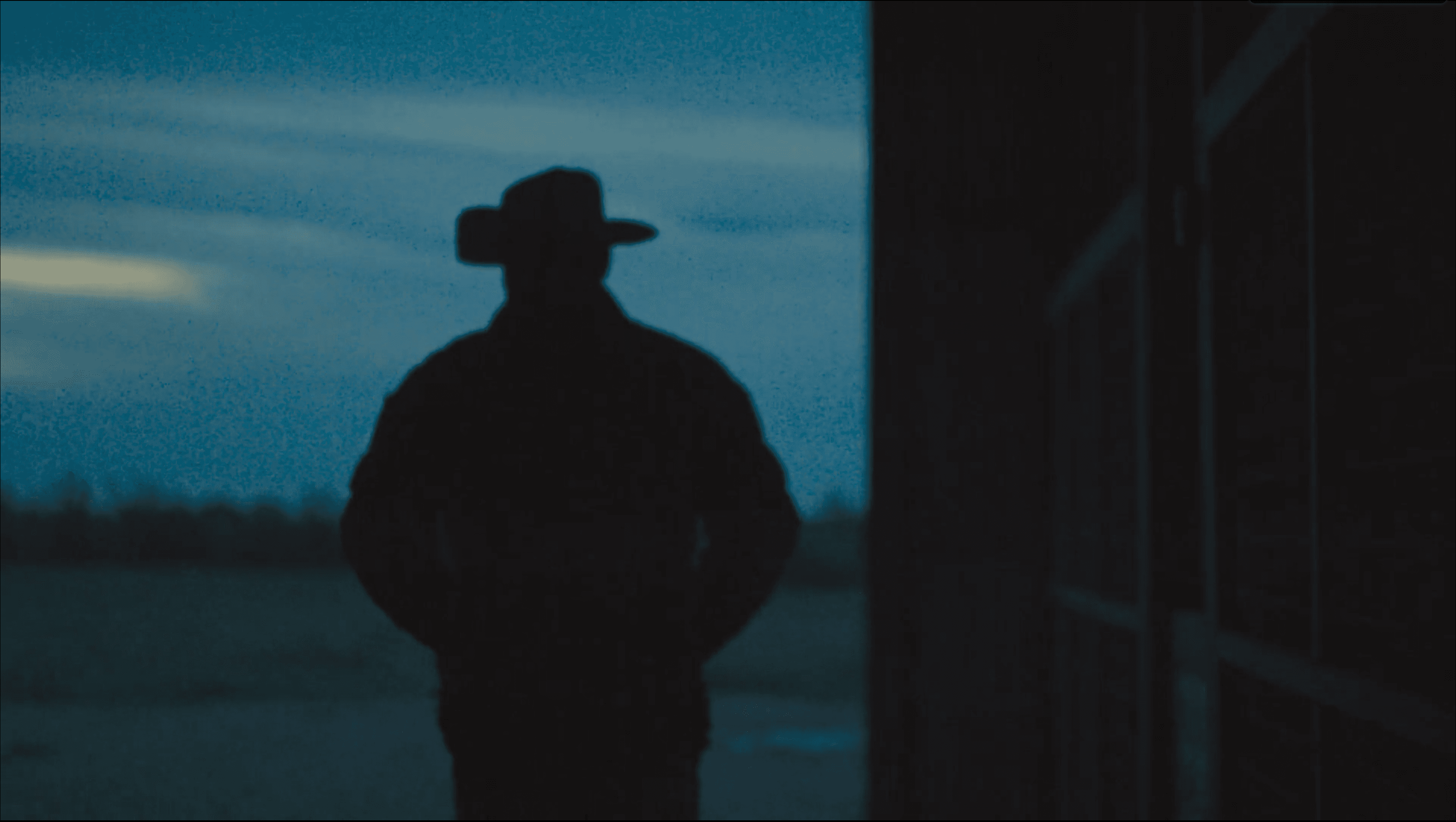 Silhouette of a person in a cowboy hat beside a building at dusk